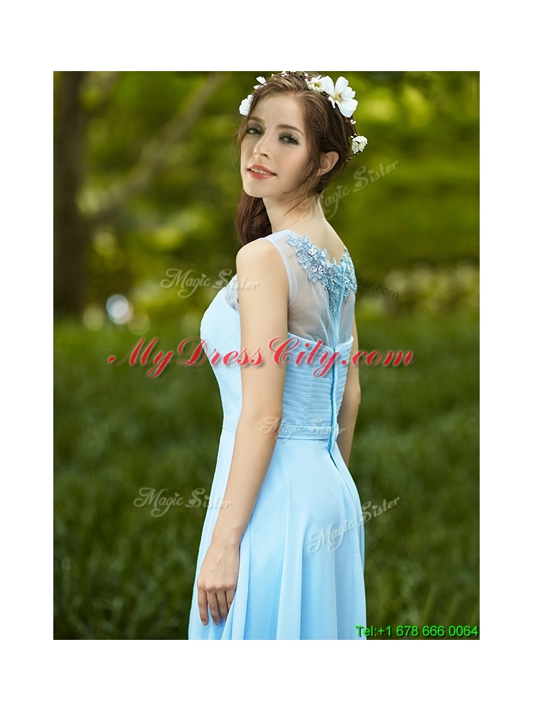 Beautiful See Through Scoop Appliques Bridesmaid Dress in Light Blue