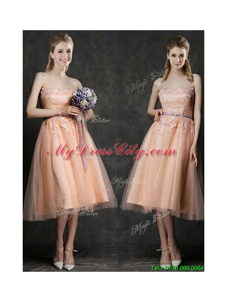 Beautiful Strapless Peach Bridesmaid Dress with Sashes and Lace