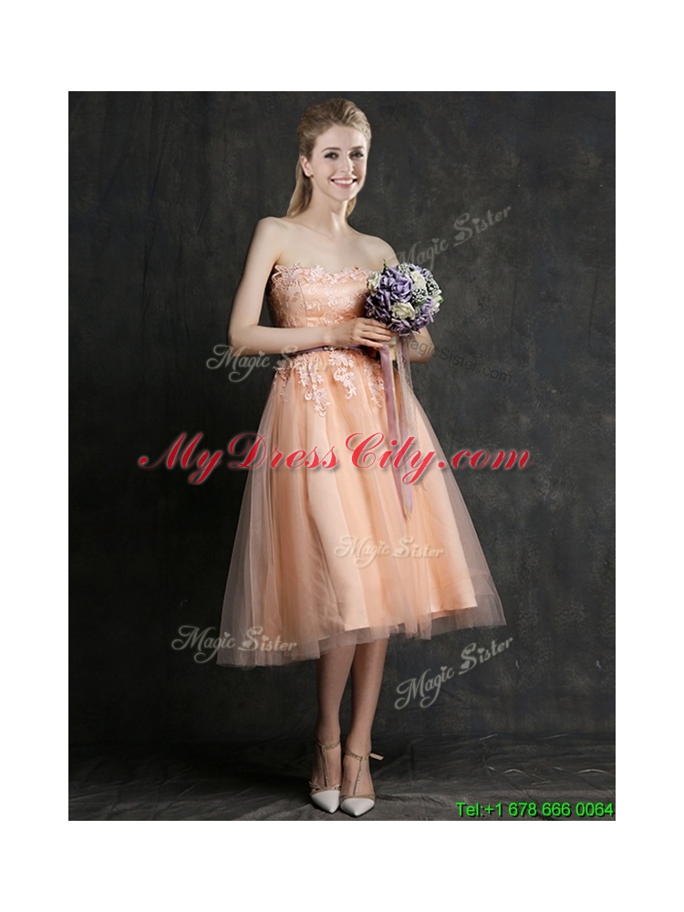 Beautiful Strapless Peach Bridesmaid Dress with Sashes and Lace