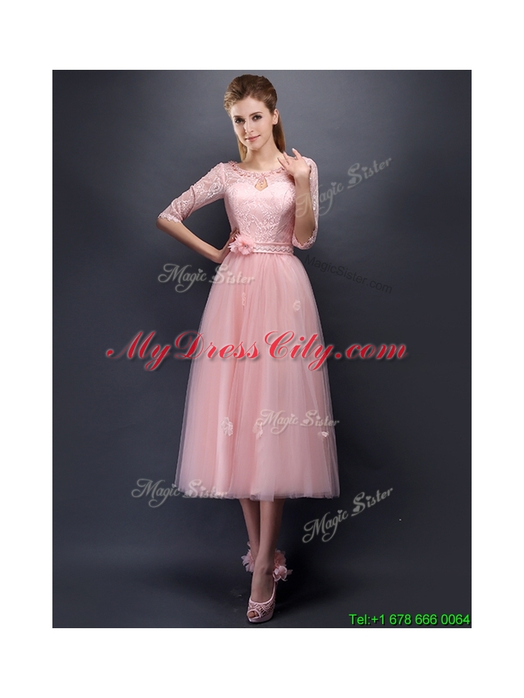 Comfortable Scoop Half Sleeves Bridesmaid Dress with Hand Made Flowers and Appliques