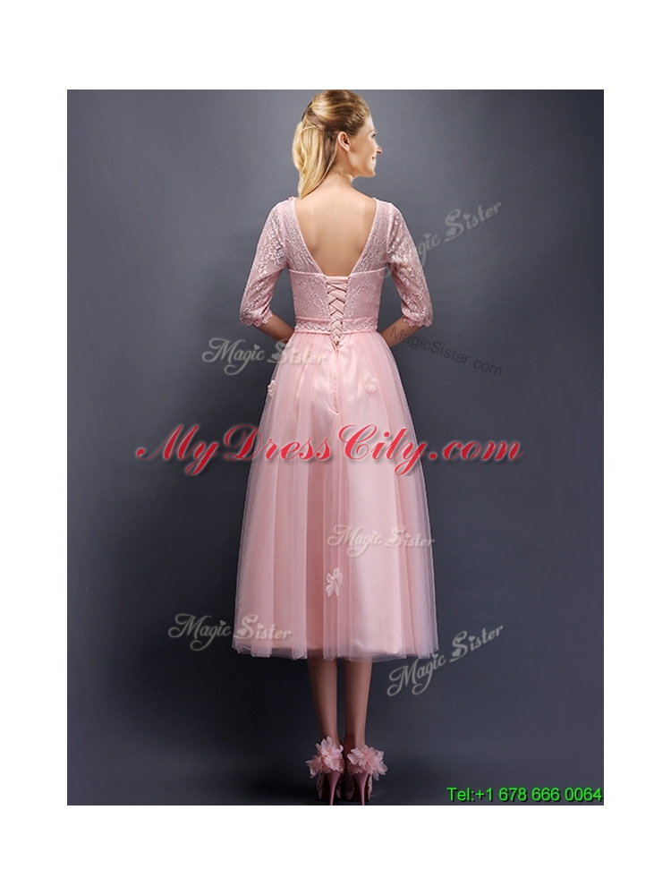 Comfortable Scoop Half Sleeves Bridesmaid Dress with Hand Made Flowers and Appliques