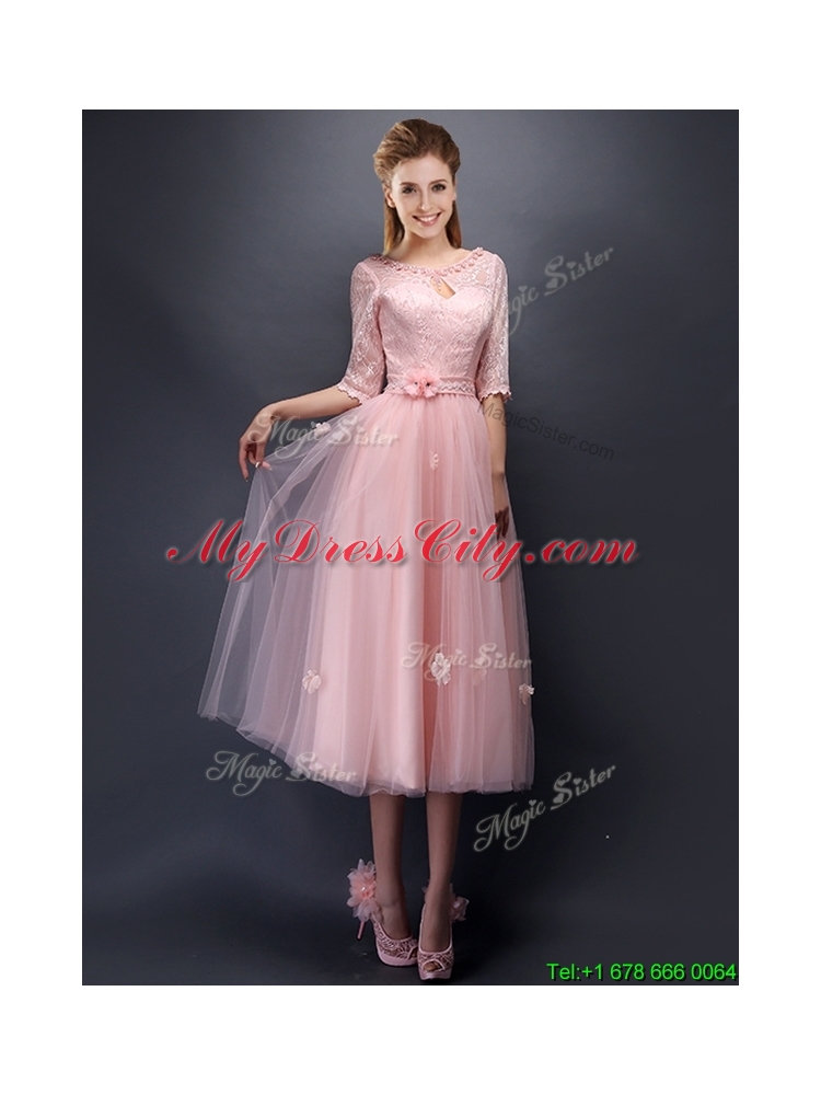 Comfortable Scoop Half Sleeves Bridesmaid Dress with Hand Made Flowers and Appliques