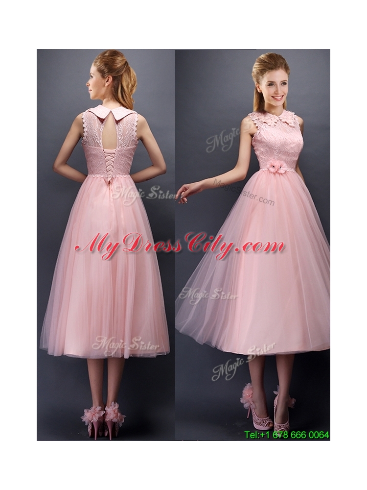 Beautiful Hand Made Flowers and Laced High Neck Bridesmaid Dress in Baby Pink