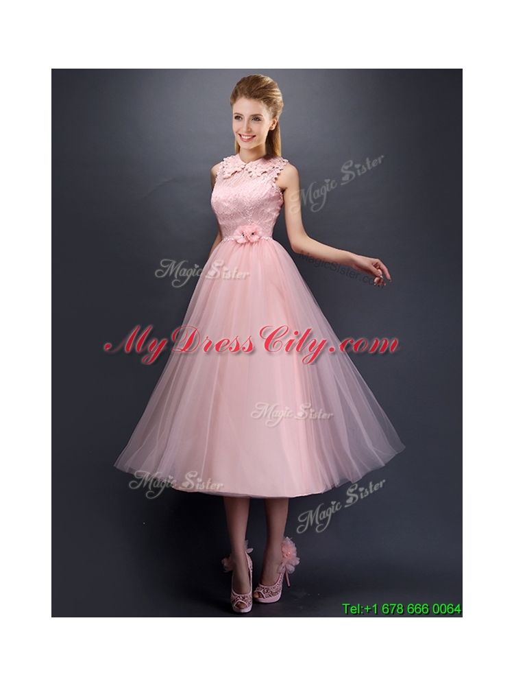 Beautiful Hand Made Flowers and Laced High Neck Bridesmaid Dress in Baby Pink