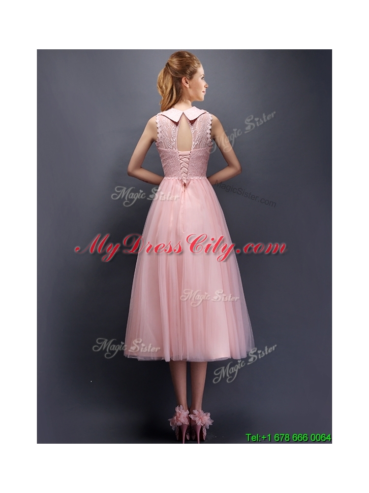 Beautiful Hand Made Flowers and Laced High Neck Bridesmaid Dress in Baby Pink