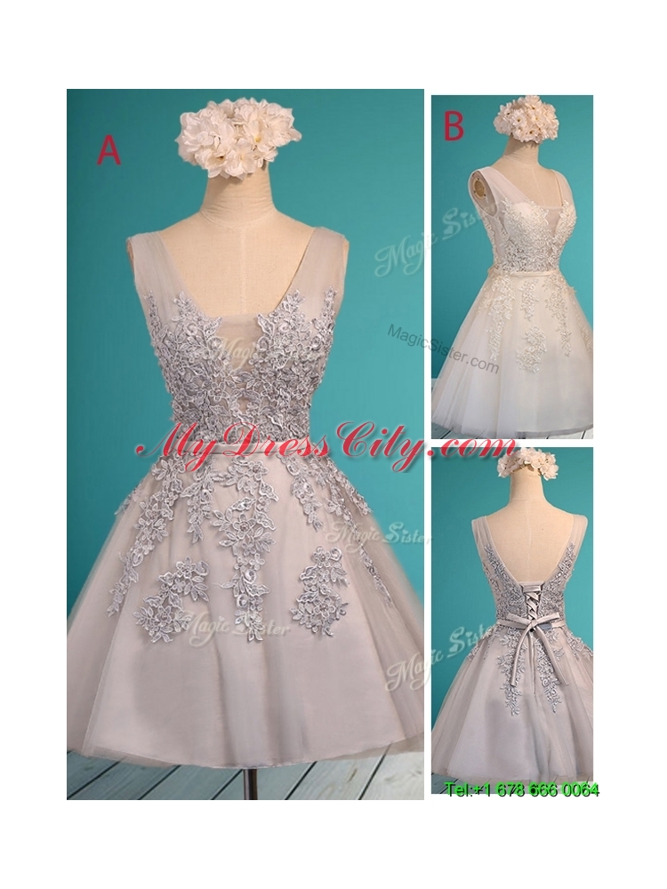 Gorgeous White Deep V Neckline Bridesmaid Dress with Appliques and Belt