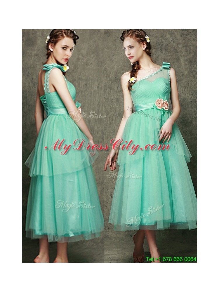 See Through One Shoulder Bridesmaid Dress with Bowknot and Hand Made Flowers