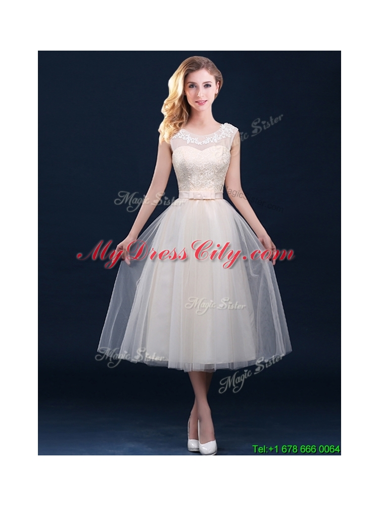 Beautiful Tea Length Tulle Bridesmaid Dress in Champagne