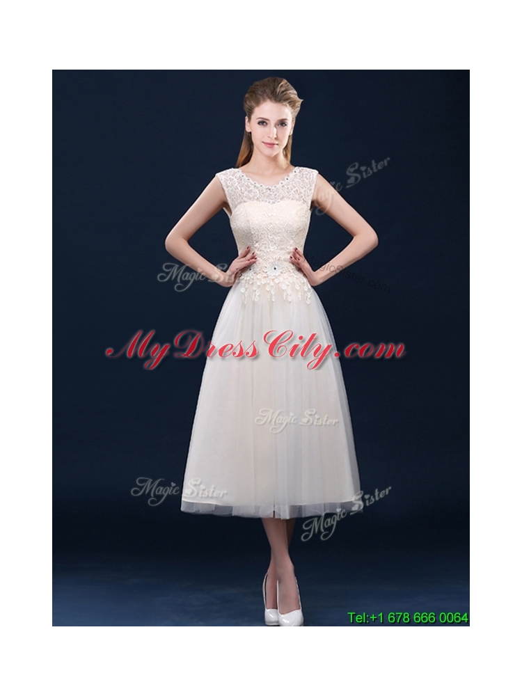 Beautiful Tea Length Tulle Bridesmaid Dress in Champagne