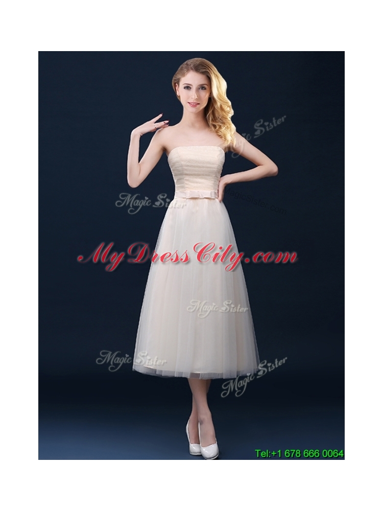 Beautiful Tea Length Tulle Bridesmaid Dress in Champagne