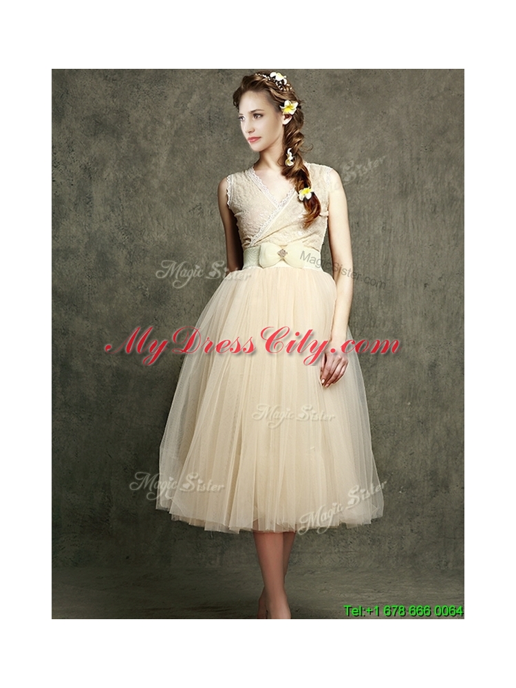 Cheap Champagne V Neck Bridesmaid with Belt and Bowknot