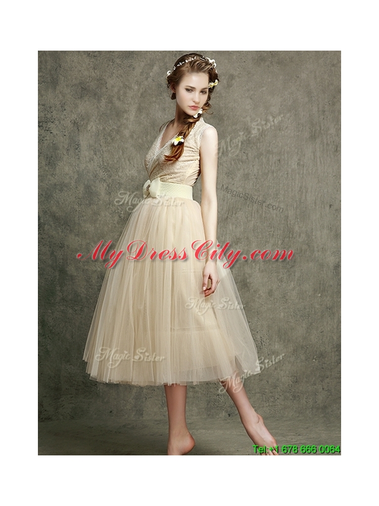 Cheap Champagne V Neck Bridesmaid with Belt and Bowknot