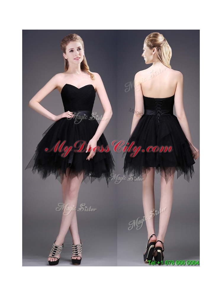 Cheap Black Short Bridesmaid Dress with Ruffles and Belt