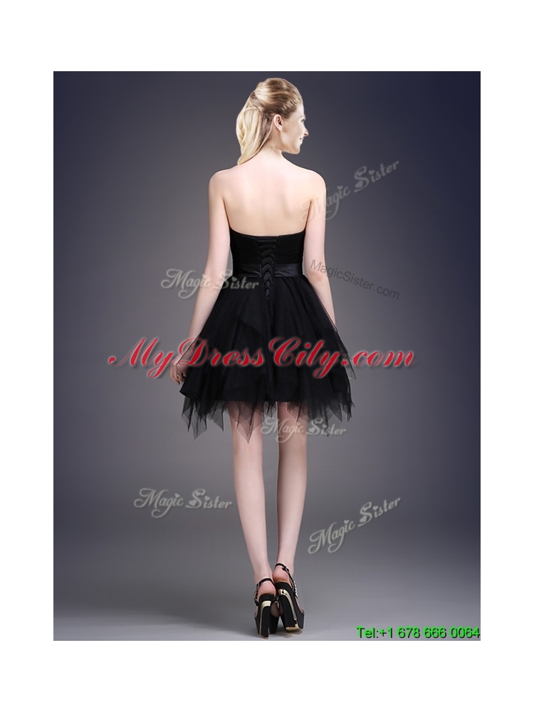 Cheap Black Short Bridesmaid Dress with Ruffles and Belt