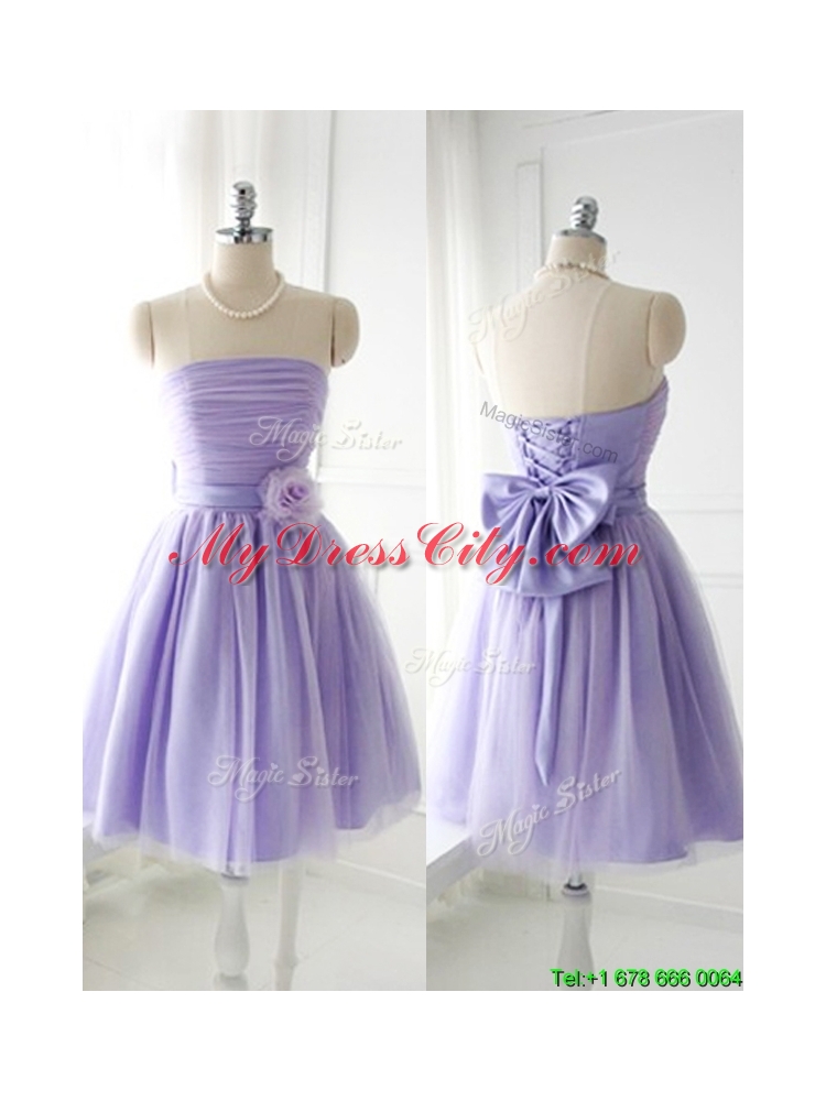 Cheap Handcrafted Flower Tulle Lavender Bridesmaid Dress with Strapless