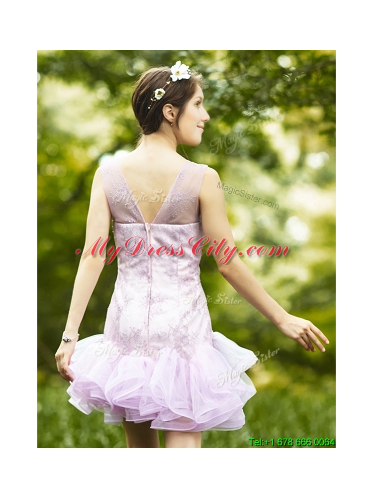 Cheap Laced and Ruffled Short Bridesmaid Dress in Lavender