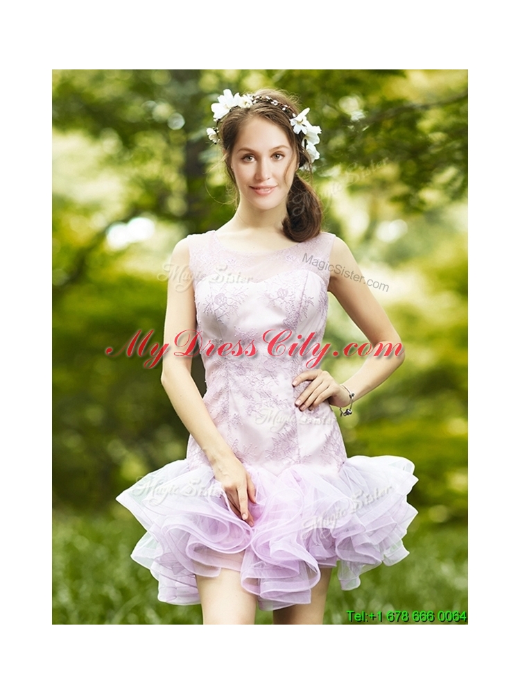 Cheap Laced and Ruffled Short Bridesmaid Dress in Lavender