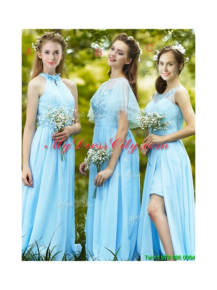 Cheap Light Blue Empire Long Bridesmaid Dress with Appliques