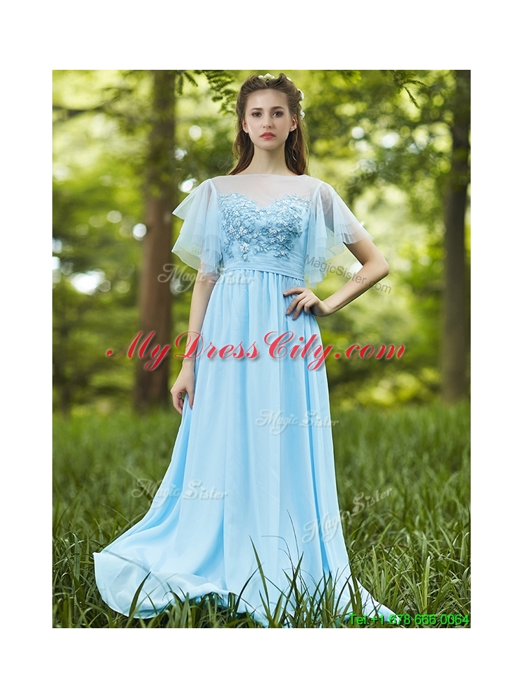 Cheap Light Blue Empire Long Bridesmaid Dress with Appliques