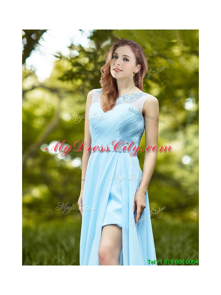 Cheap Light Blue Empire Long Bridesmaid Dress with Appliques