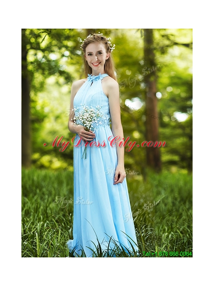 Cheap Light Blue Empire Long Bridesmaid Dress with Appliques