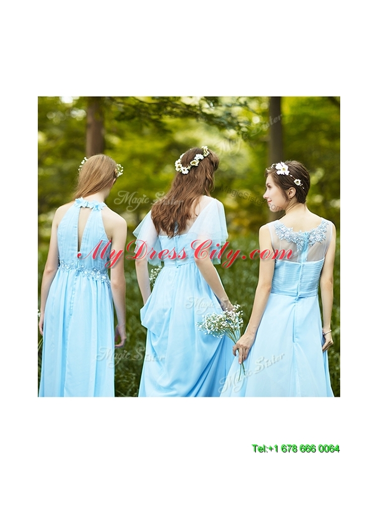 Cheap Light Blue Empire Long Bridesmaid Dress with Appliques