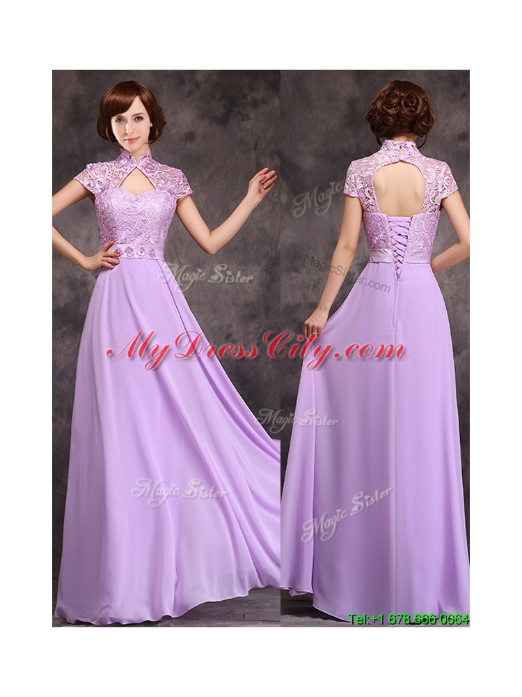 Cheap Low Price High Neck Cap Sleeves Lavender Long Bridesmaid Dress