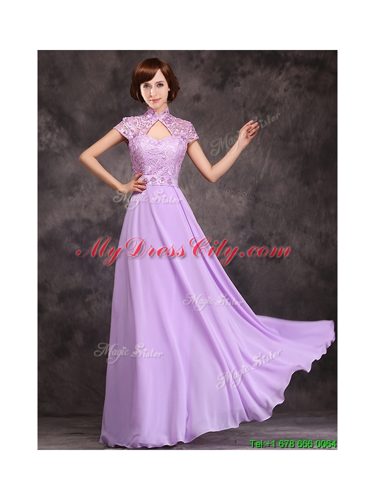 Cheap Low Price High Neck Cap Sleeves Lavender Long Bridesmaid Dress