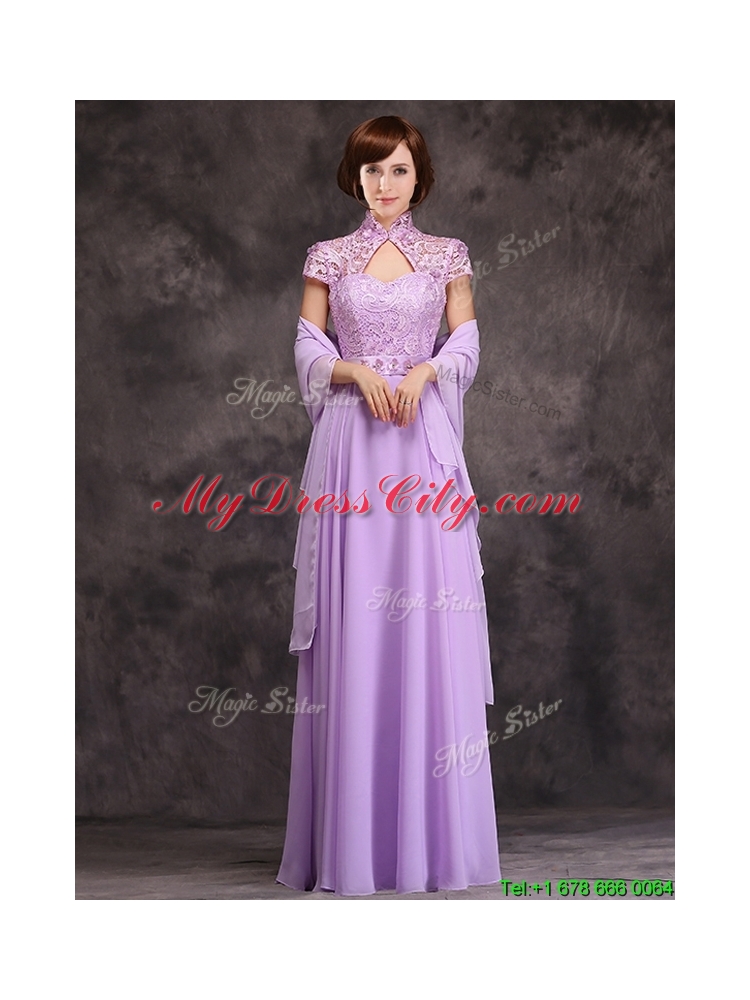 Cheap Low Price High Neck Cap Sleeves Lavender Long Bridesmaid Dress