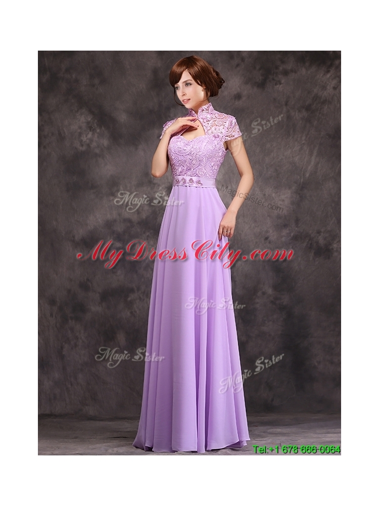 Cheap Low Price High Neck Cap Sleeves Lavender Long Bridesmaid Dress