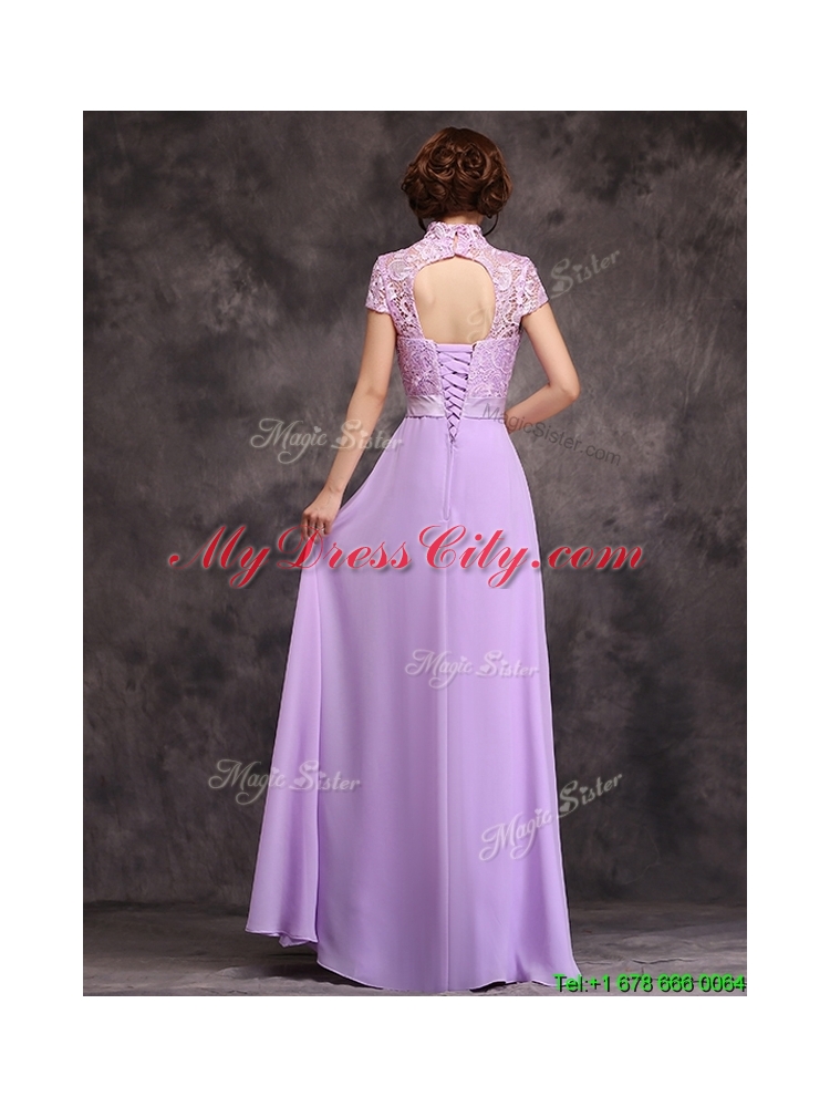 Cheap Low Price High Neck Cap Sleeves Lavender Long Bridesmaid Dress