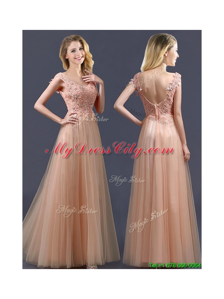 Cheap V Neck Long Bridesmaid Dress with Appliques and Beading