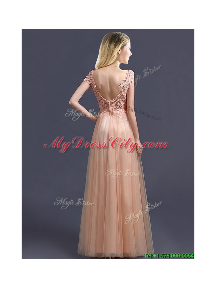 Cheap V Neck Long Bridesmaid Dress with Appliques and Beading