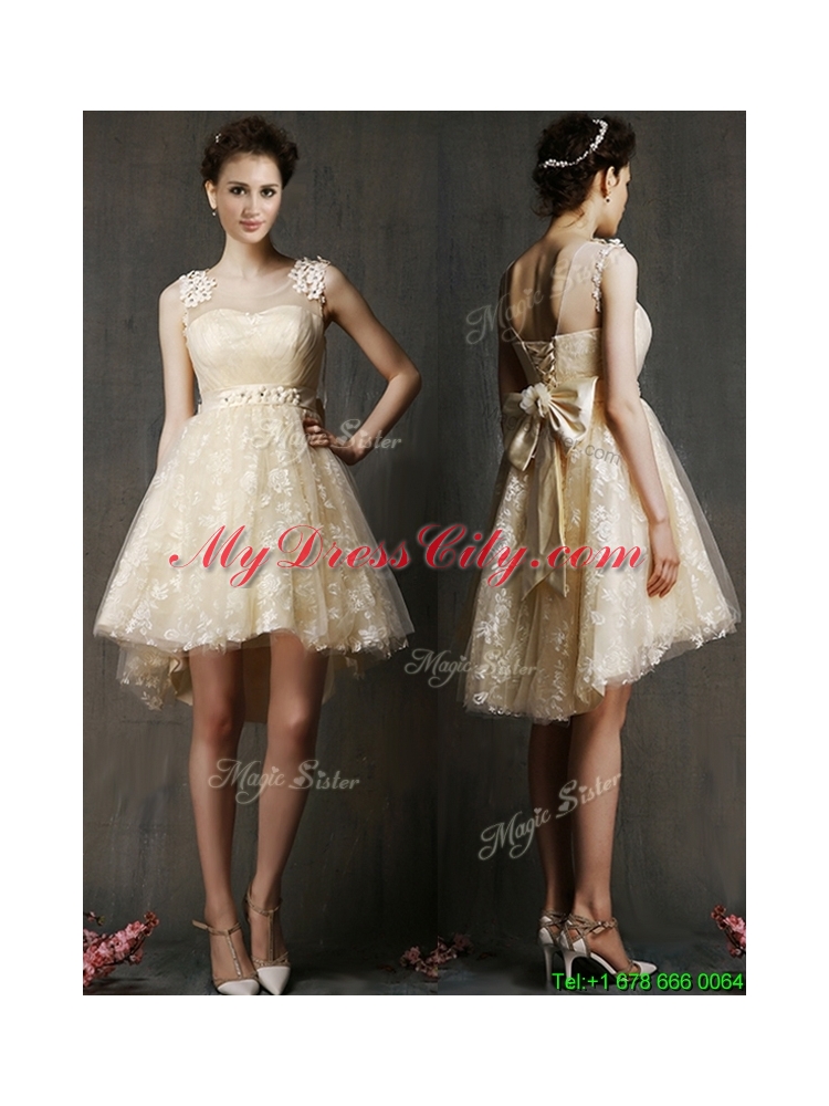 See Through Scoop Champagne Bridesmaid Dress with Hand Made Flowers and Bowknot