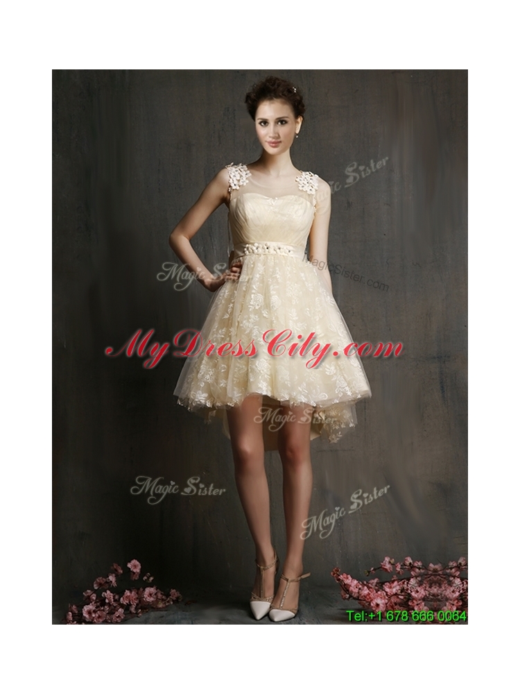 See Through Scoop Champagne Bridesmaid Dress with Hand Made Flowers and Bowknot