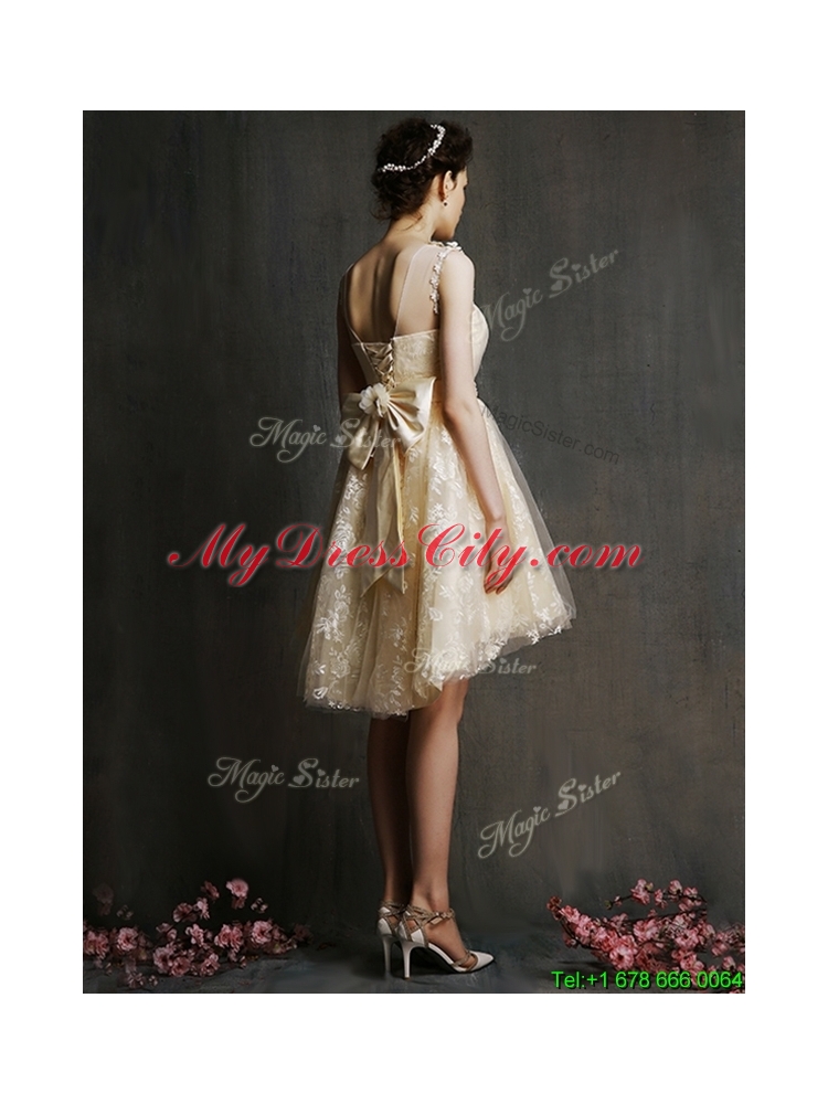 See Through Scoop Champagne Bridesmaid Dress with Hand Made Flowers and Bowknot