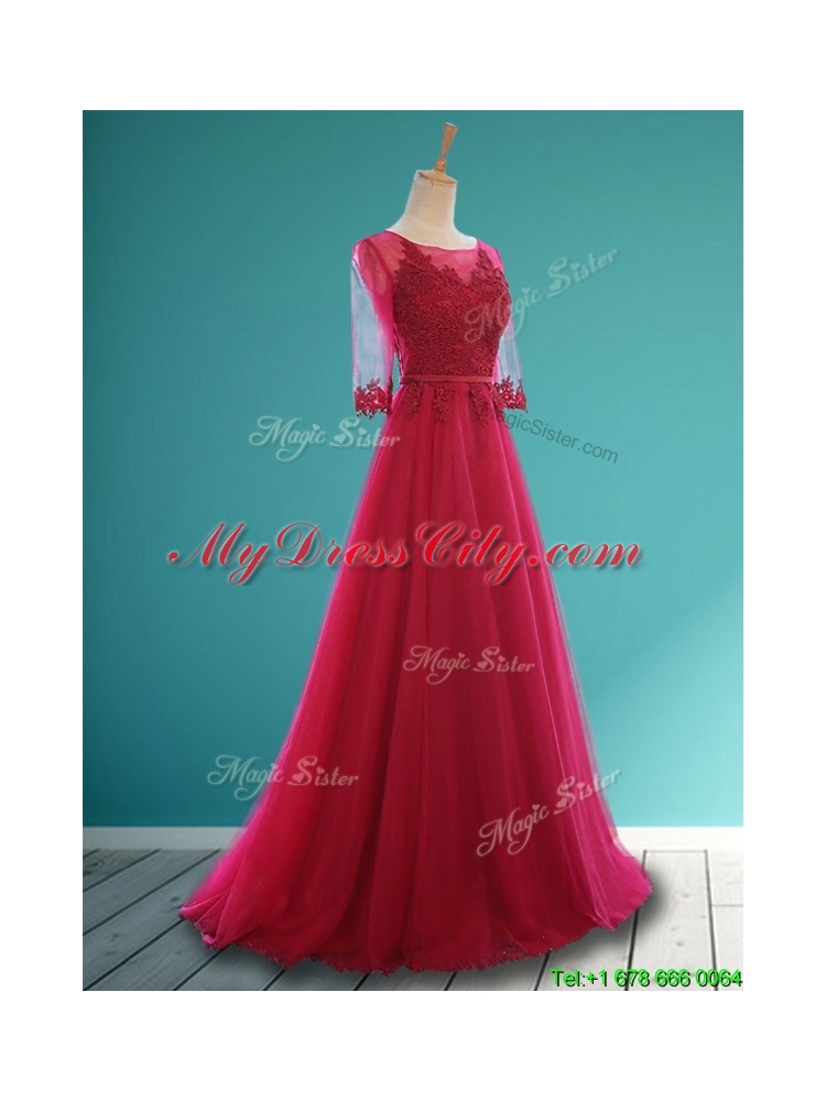 See Through Scoop Half Sleeves Bridesmaid Dress with Appliques and Belt