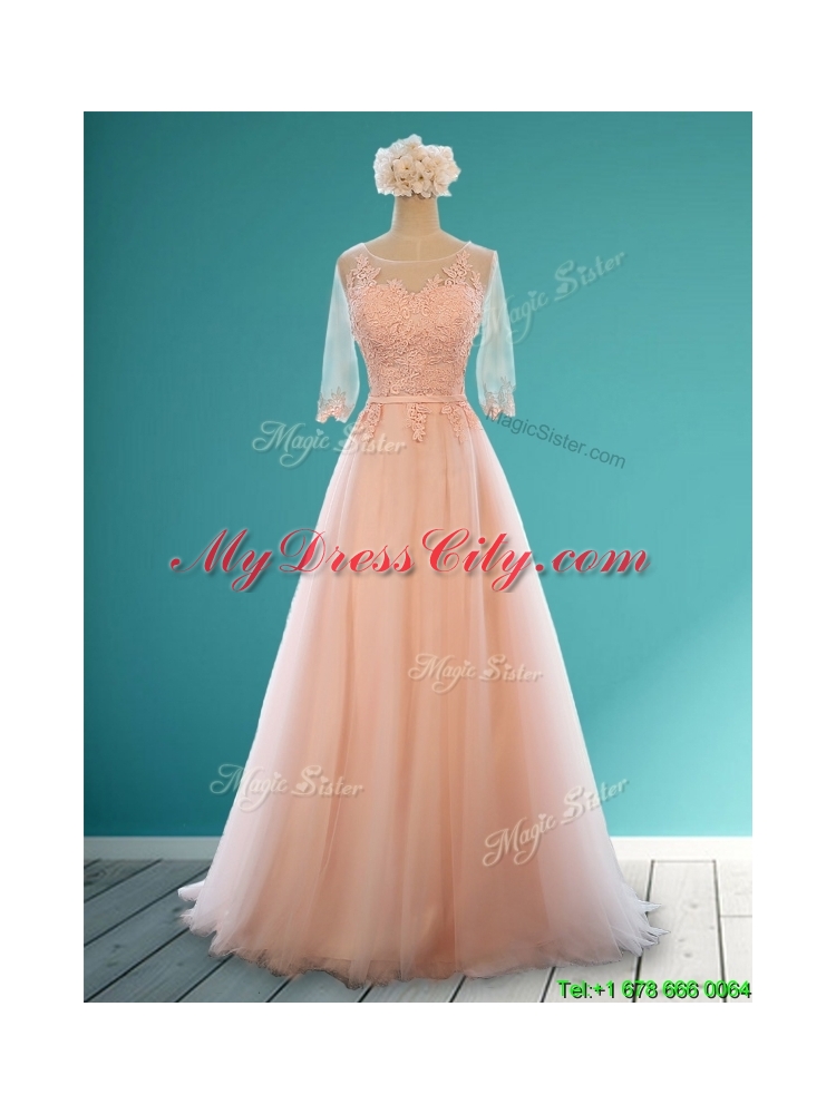 See Through Scoop Half Sleeves Bridesmaid Dress with Appliques and Belt