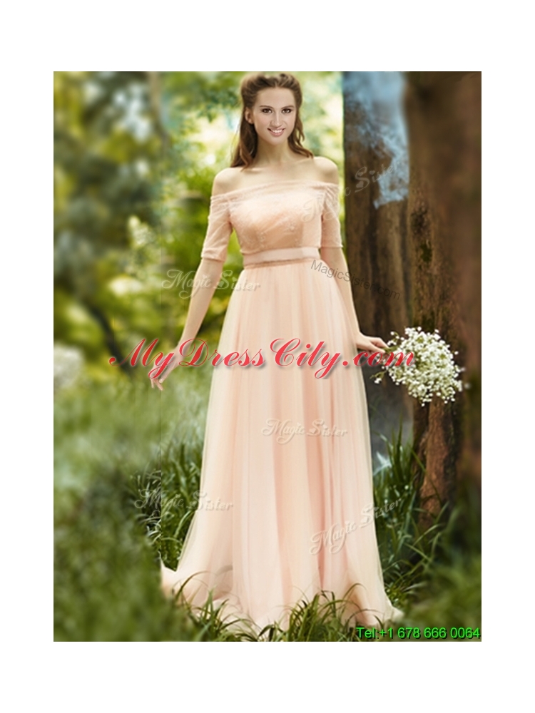 Beautiful Floor Length Tulle Prom Dress in Peach