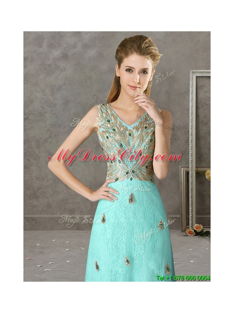 Cheap Beaded and Applique V Neck Bridesmaid Dress in Apple Green