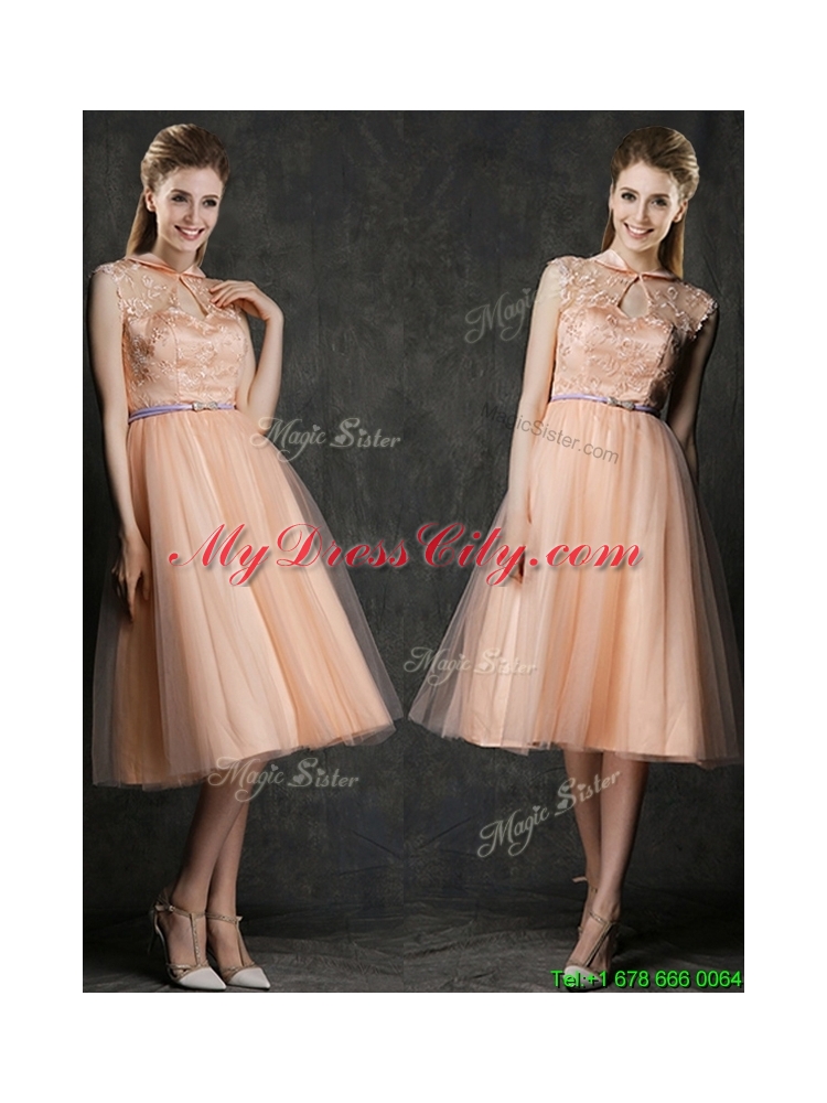 Cheap High Neck Peach Dama Dress with Sashes and Lace