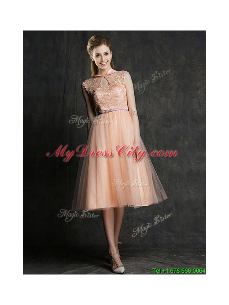 Cheap High Neck Peach Dama Dress with Sashes and Lace