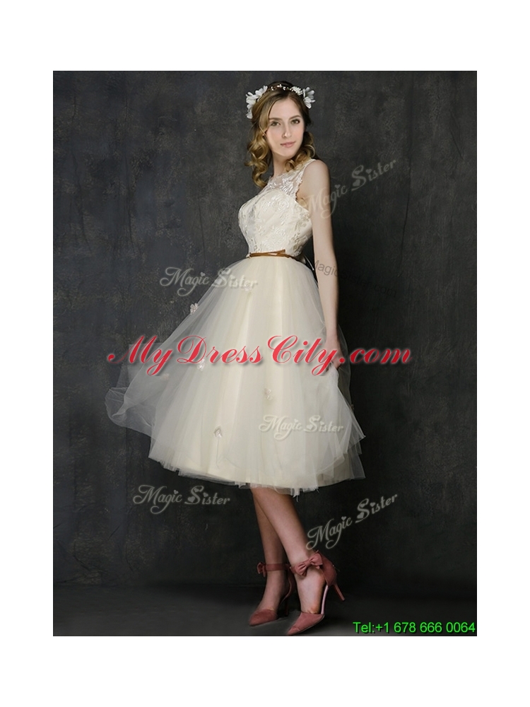 Cheap Scoop Champagne Dama Dress with Sashes and Lace