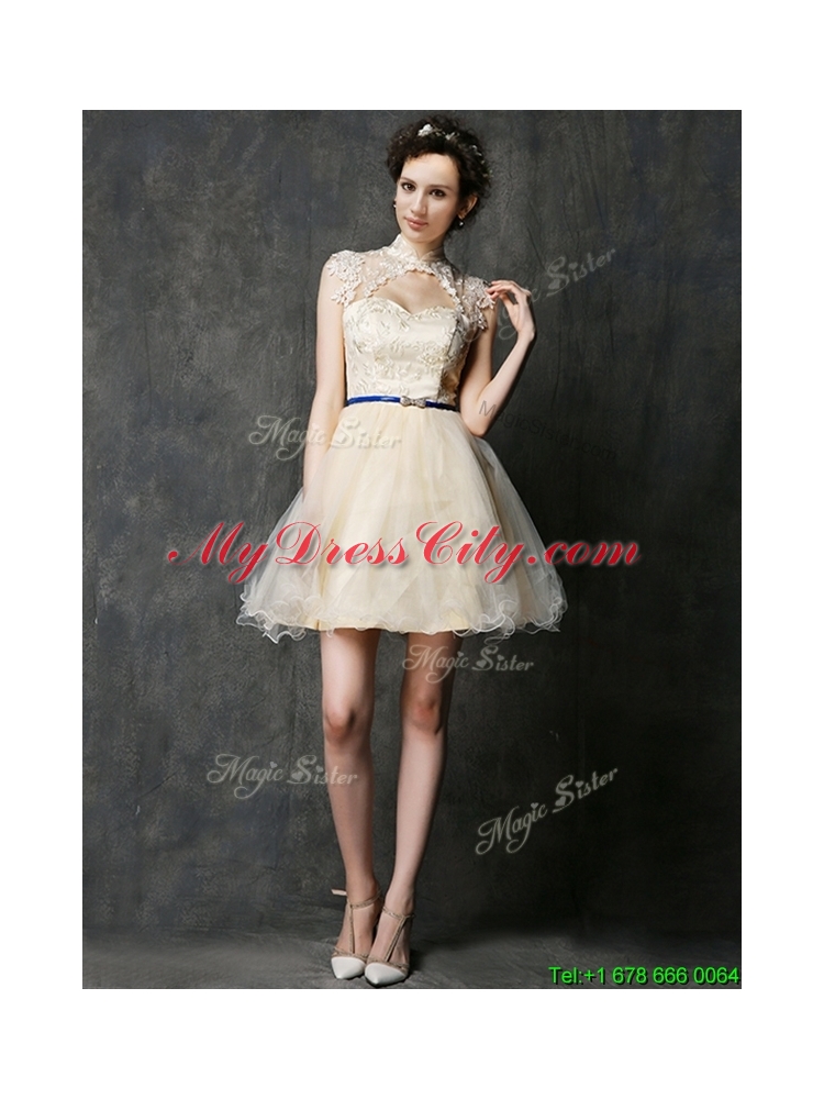 Cheap See Through High Neck Short Dama Dress with Sashes and Lace