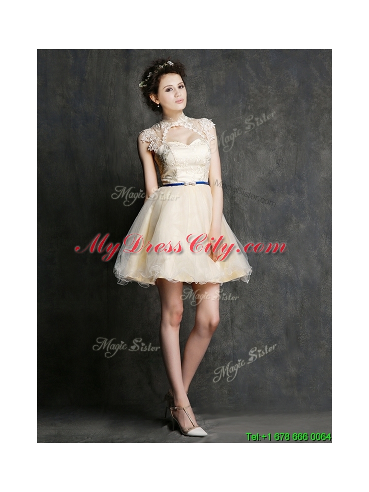 Cheap See Through High Neck Short Dama Dress with Sashes and Lace