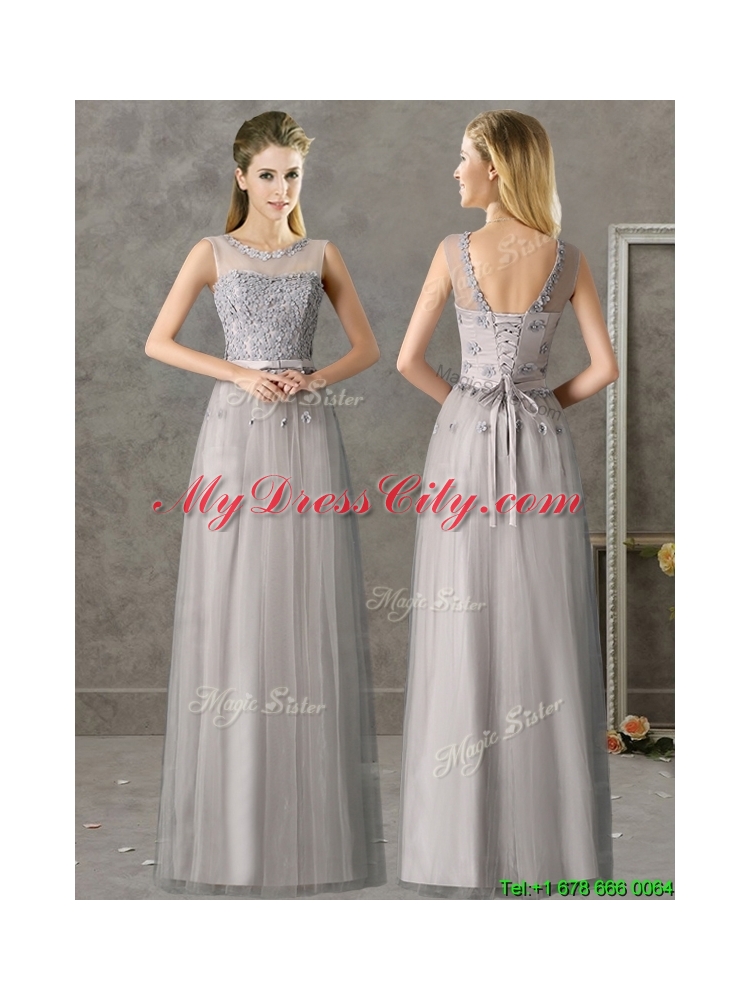 Cheap See Through Scoop Grey Long Dama Dress with Appliques