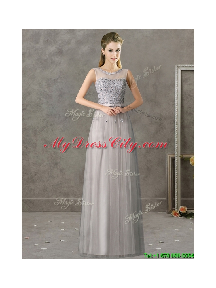 Cheap See Through Scoop Grey Long Dama Dress with Appliques