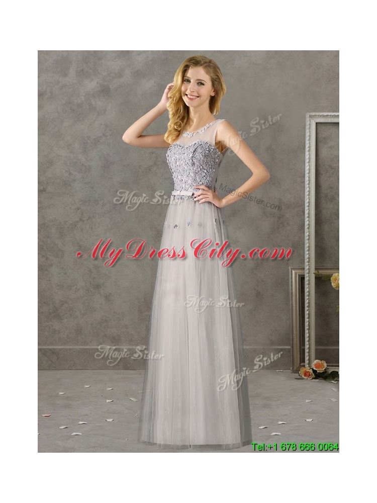 Cheap See Through Scoop Grey Long Dama Dress with Appliques