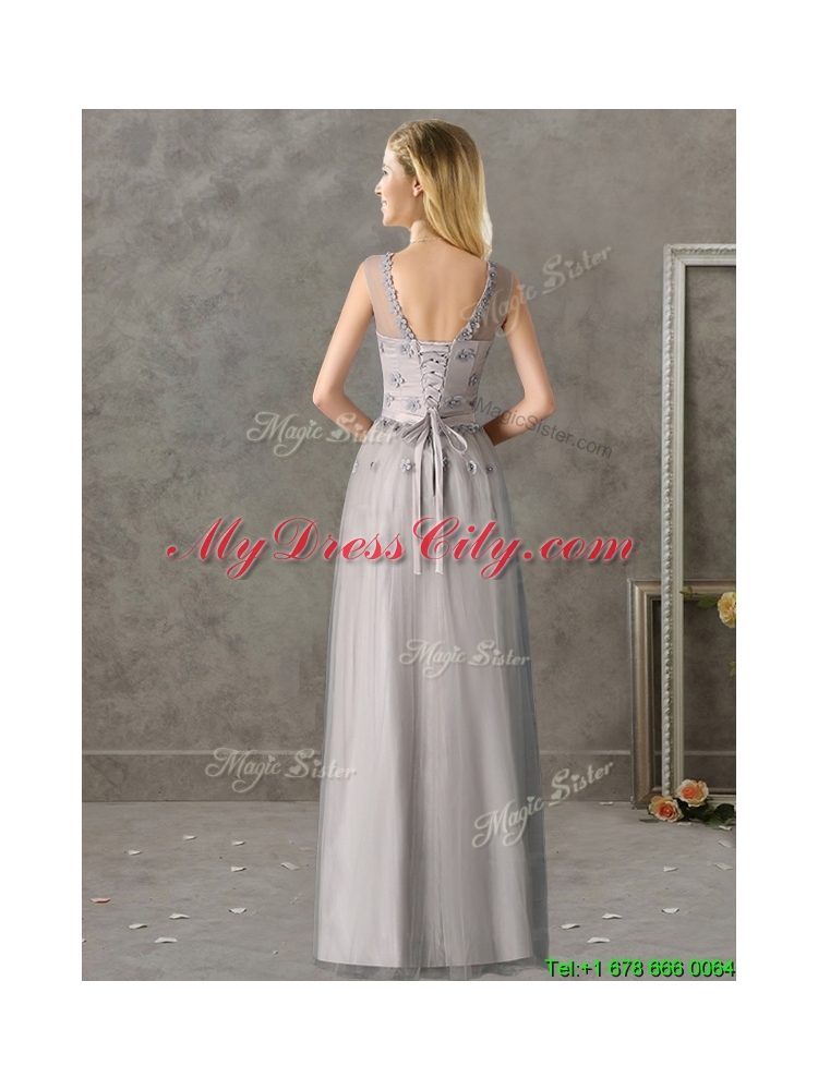 Cheap See Through Scoop Grey Long Dama Dress with Appliques