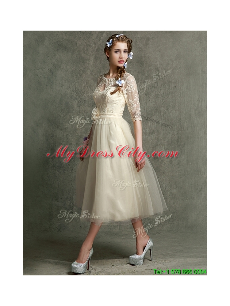 Cheap See Through Scoop Half Sleeves Dama Dress with Hand Made Flowers and Lace